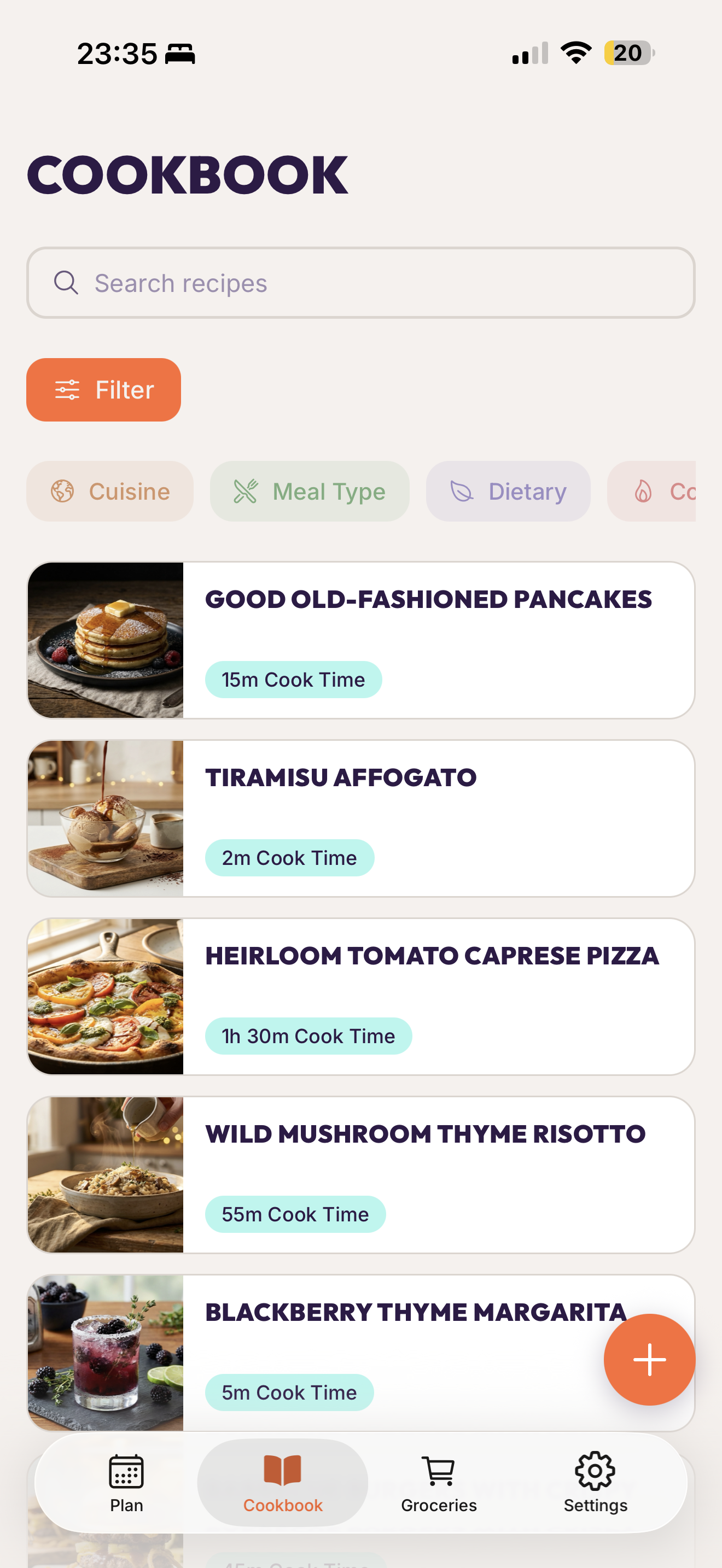 Personal cookbook with recipes organized by cuisine and meal type