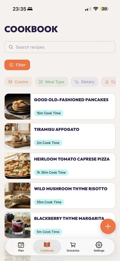 Personal cookbook with recipes organized by cuisine and meal type