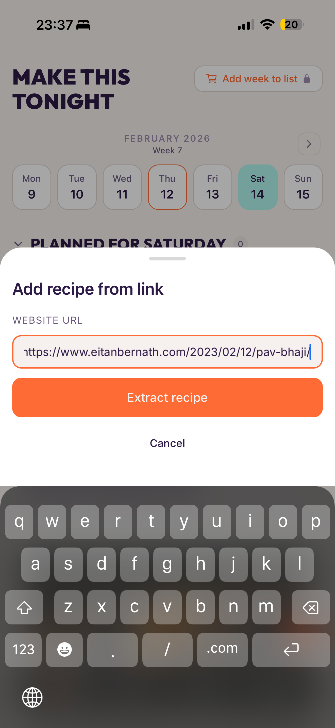 Import recipe screen showing URL paste and automatic extraction
