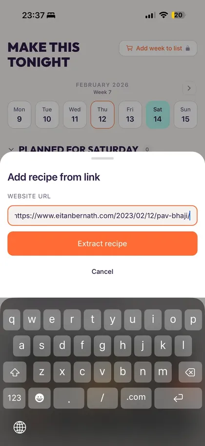 Import recipe screen showing URL paste and automatic extraction